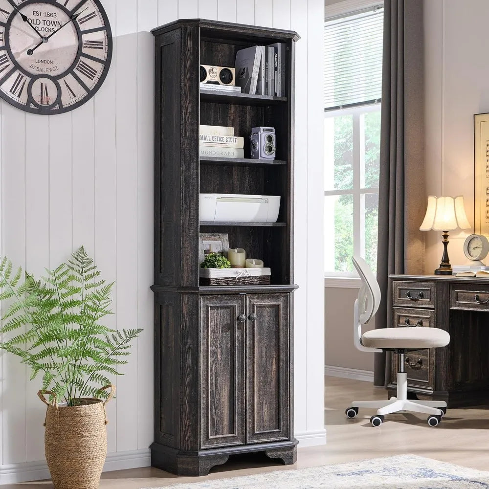 6-Tier Farmhouse Bookshelf Set of 2 with Storage Adjustable Shelves