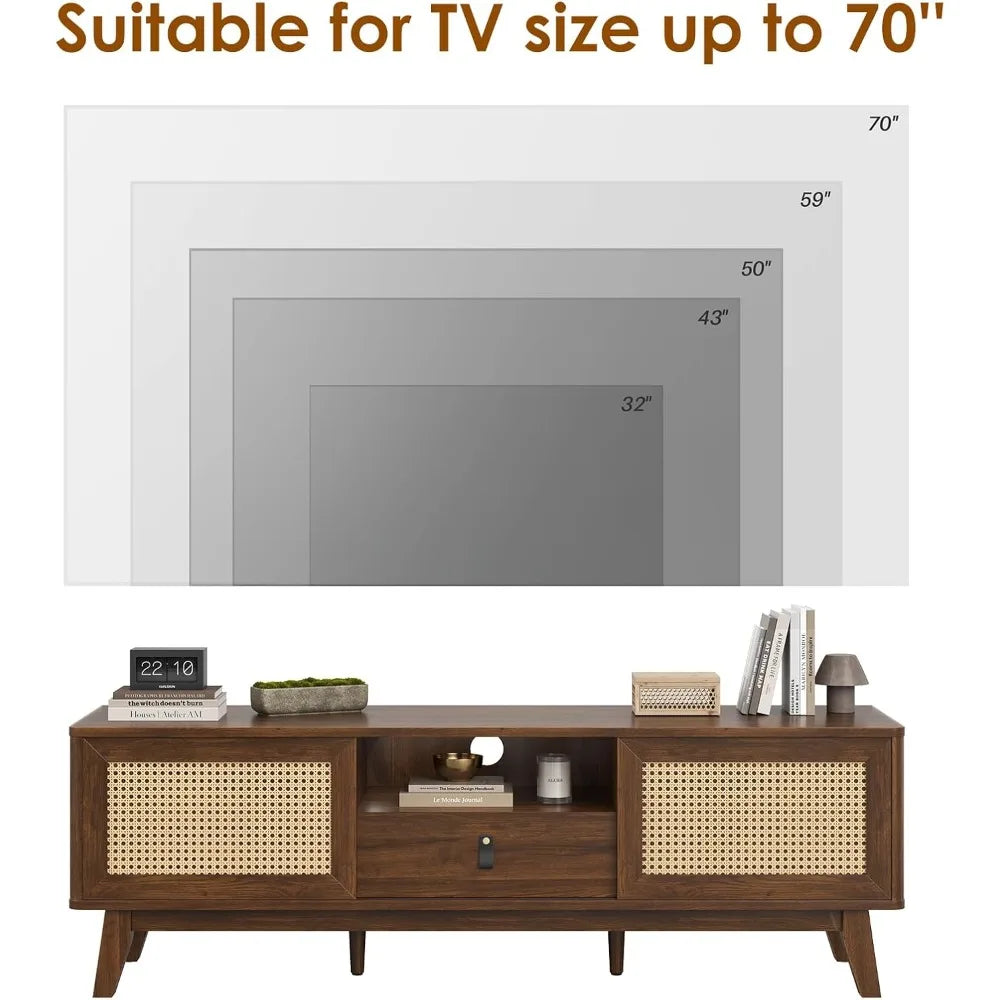 Rattan TV Stand Mid Century Modern Media Console with Drawer and Cabinets