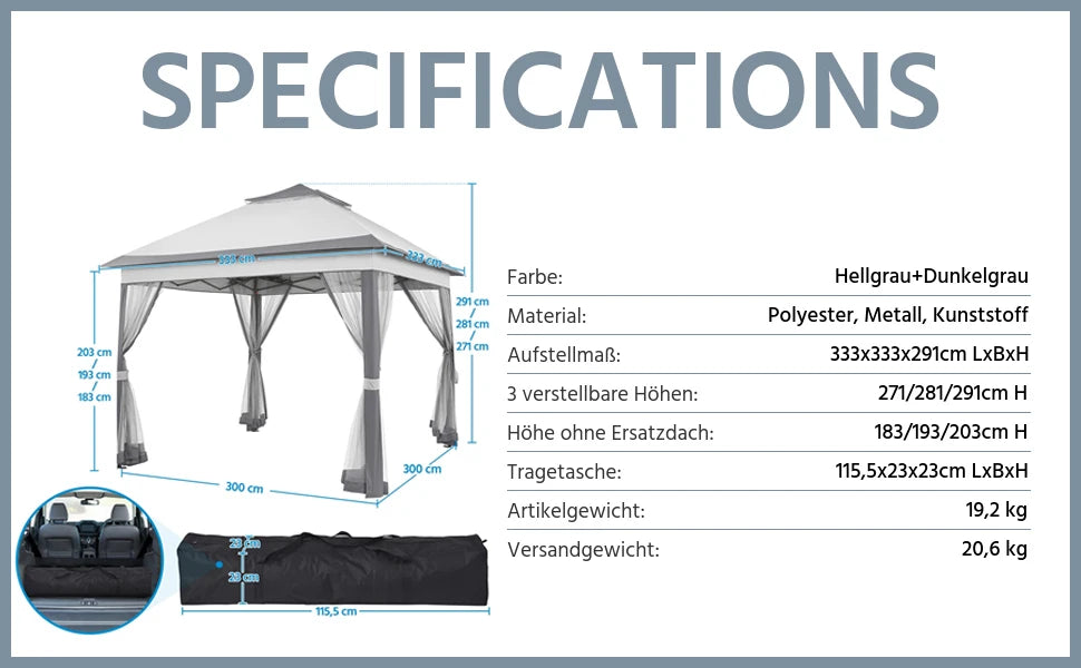 Gazebo Waterproof Pop Up Folding Tent with Mosquito Net 3.3x3.3m