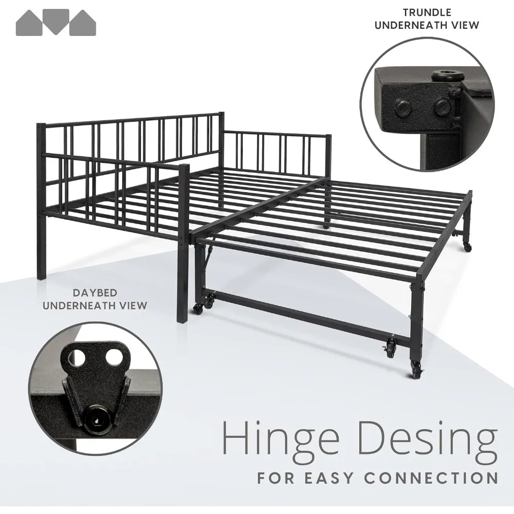 Modern Black Twin Daybed with Pop-Up Trundle and Backrest for Small Spaces