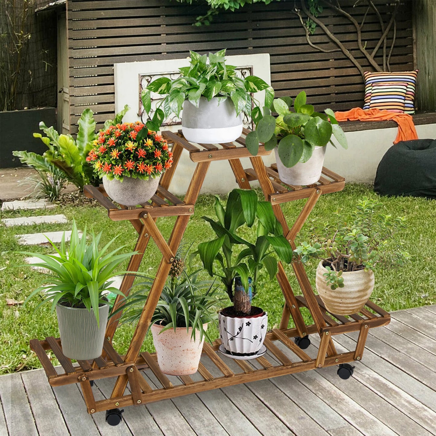 Triangular Plant Shelf with Wheels 6-Tier Carbonized Wood Display Rack