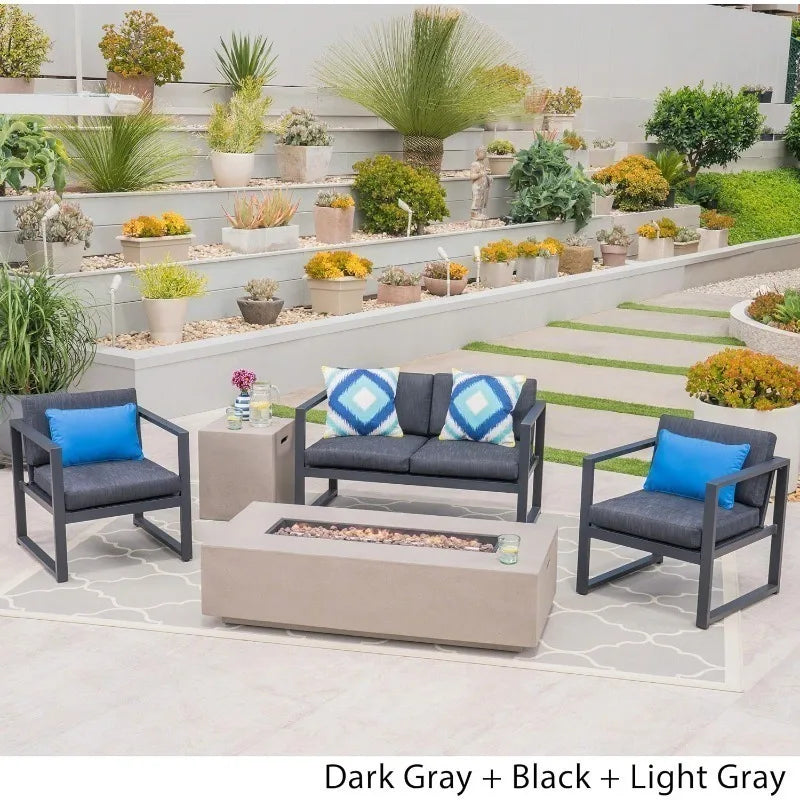 Outdoor 4-Seater Aluminum Chat Set with Fire Pit Tank Holder