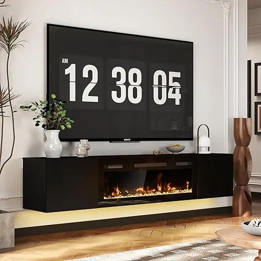 80 Inch Floating TV Stand Electric Fireplace LED Lights Wall Mounted