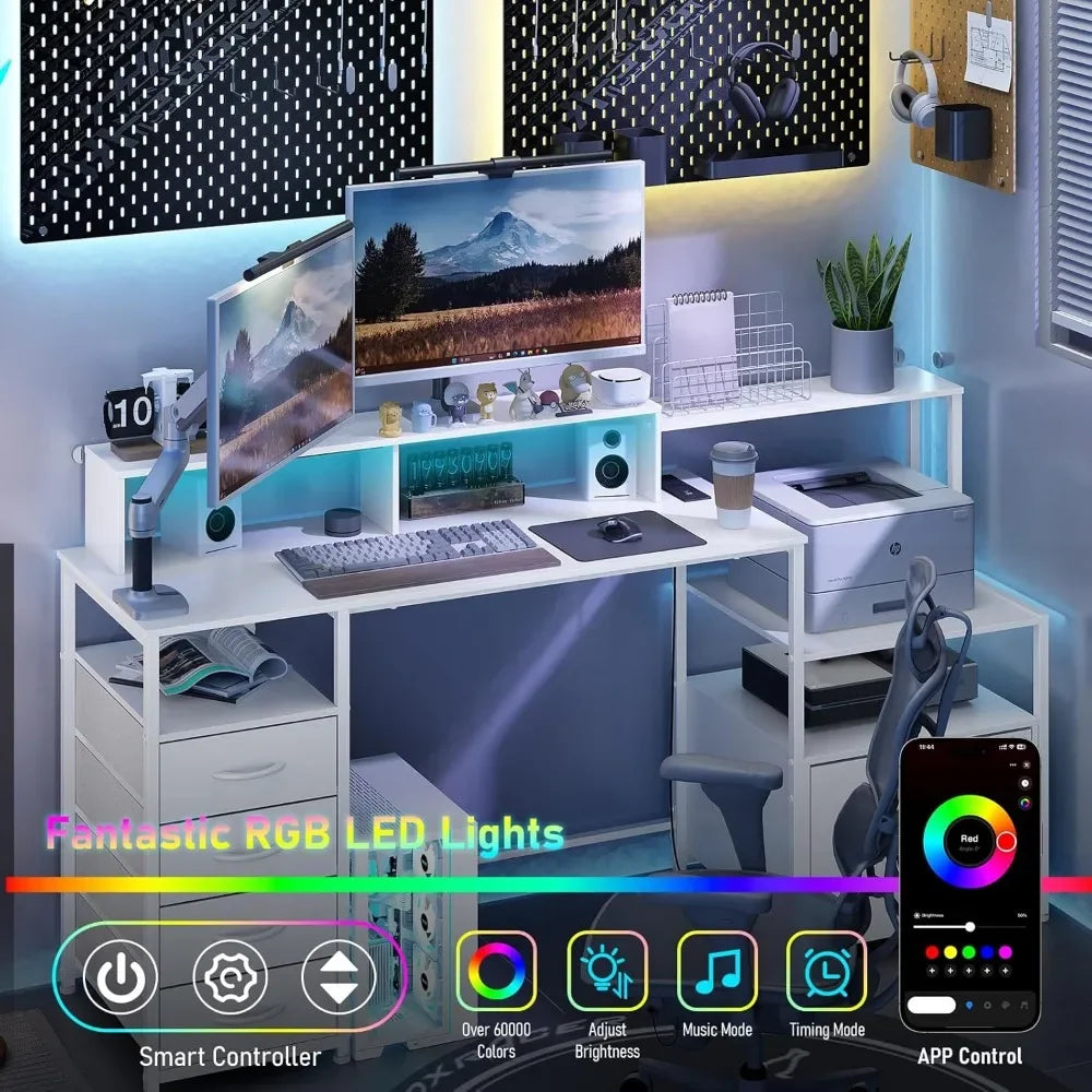 67 Inch Modern Computer Desk with Drawers Power Outlet LED Lights Gaming