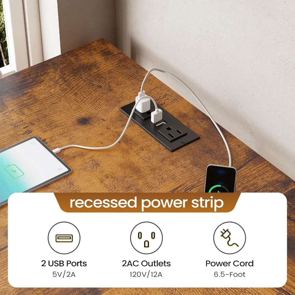 L Shaped Desk 63 Inch Computer Desk with 5 Drawers and Power Outlet