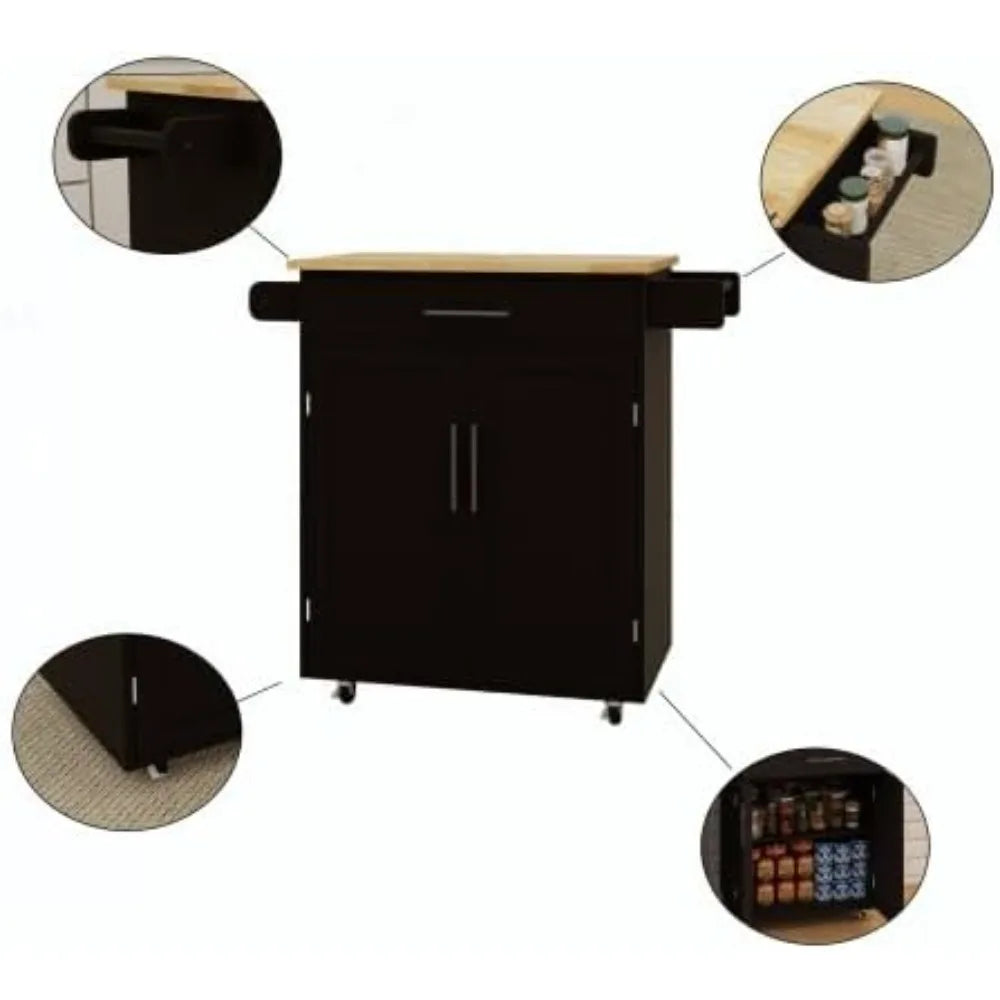 Kitchen Island Rolling Trolley Cart with Drawer Doors Adjustable Shelves