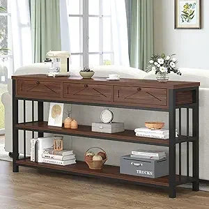 Modern White Entryway Table with 3 Drawers and Storage Shelf