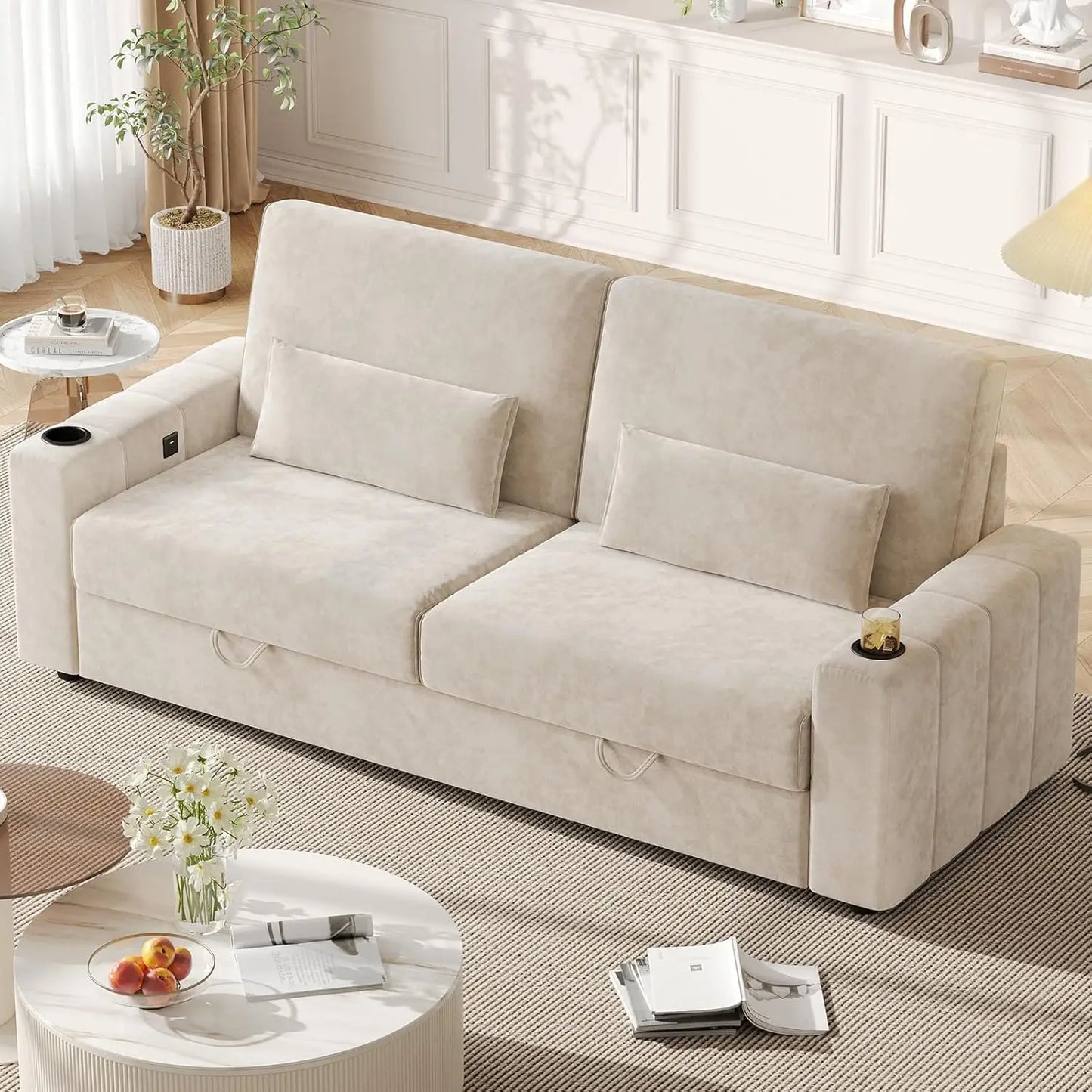 88 Inch Modern Velvet Recliner Sofa with Storage and Charging Ports
