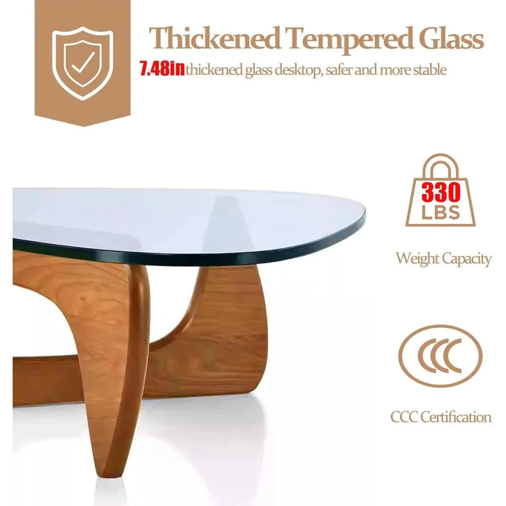 Triangular Glass Coffee Table with Wooden Base Mid-Century Modern Style