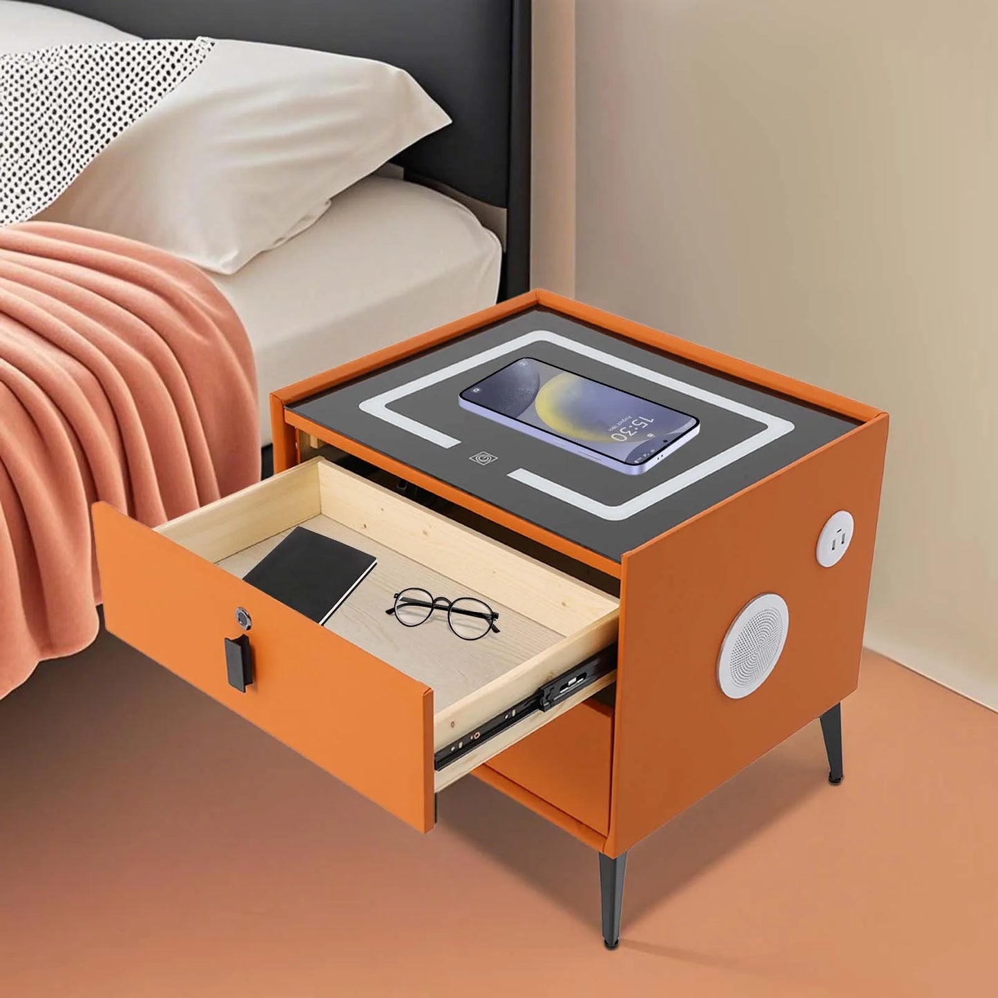 Smart Bedside Table with Bluetooth Speaker USB Wireless Charging and Light