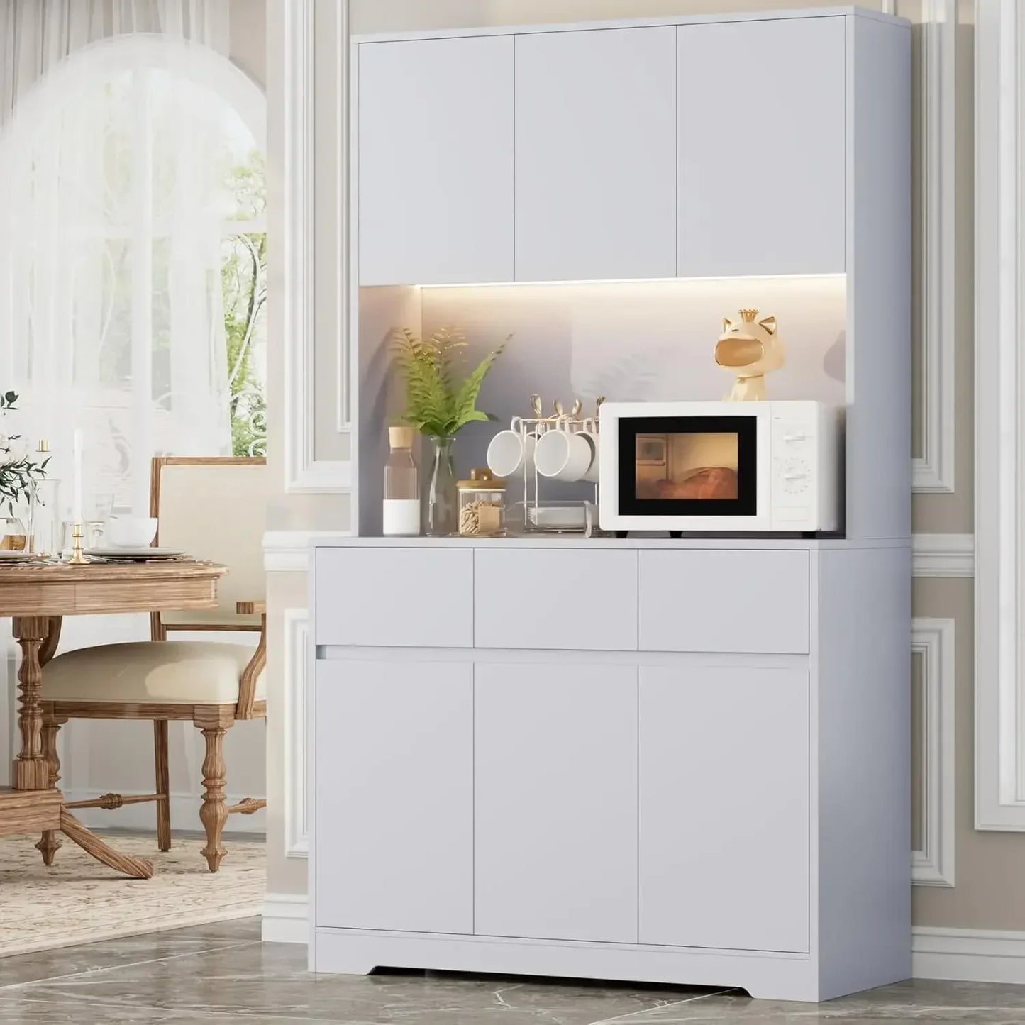 71 Inch Tall Kitchen Pantry Storage Cabinet with Power Outlets and LED Lights