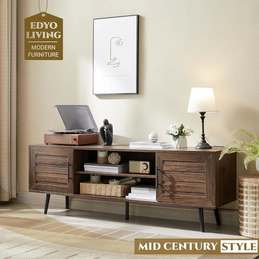 65 Inch Mid Century Modern TV Stand Wood Storage Cabinet for Living Room