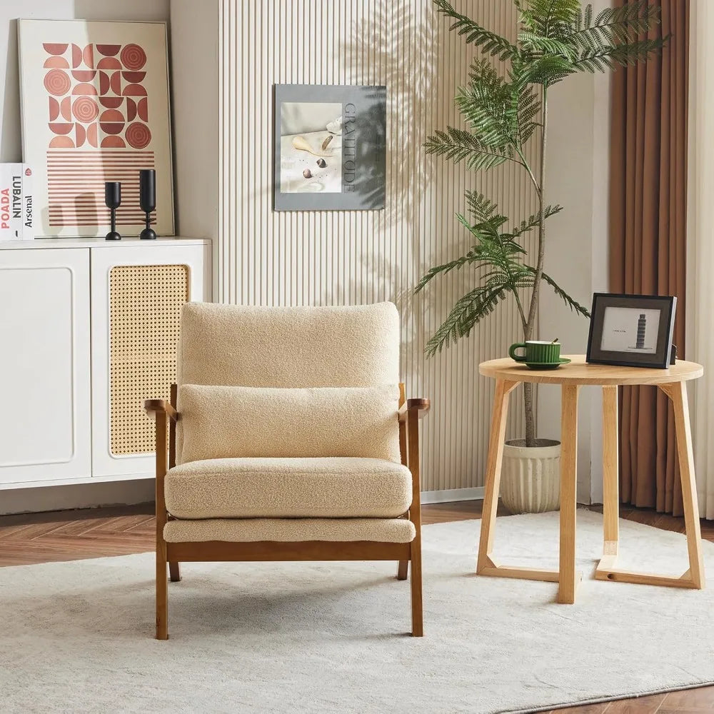 Mid-Century Modern Lounge Chair Teddy Fleece Upholstery Solid Wood Frame