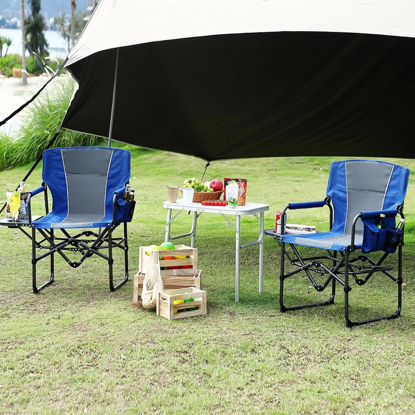 Folding Camping Chair with Side Table Pocket and Beverage Holder for Outdoors