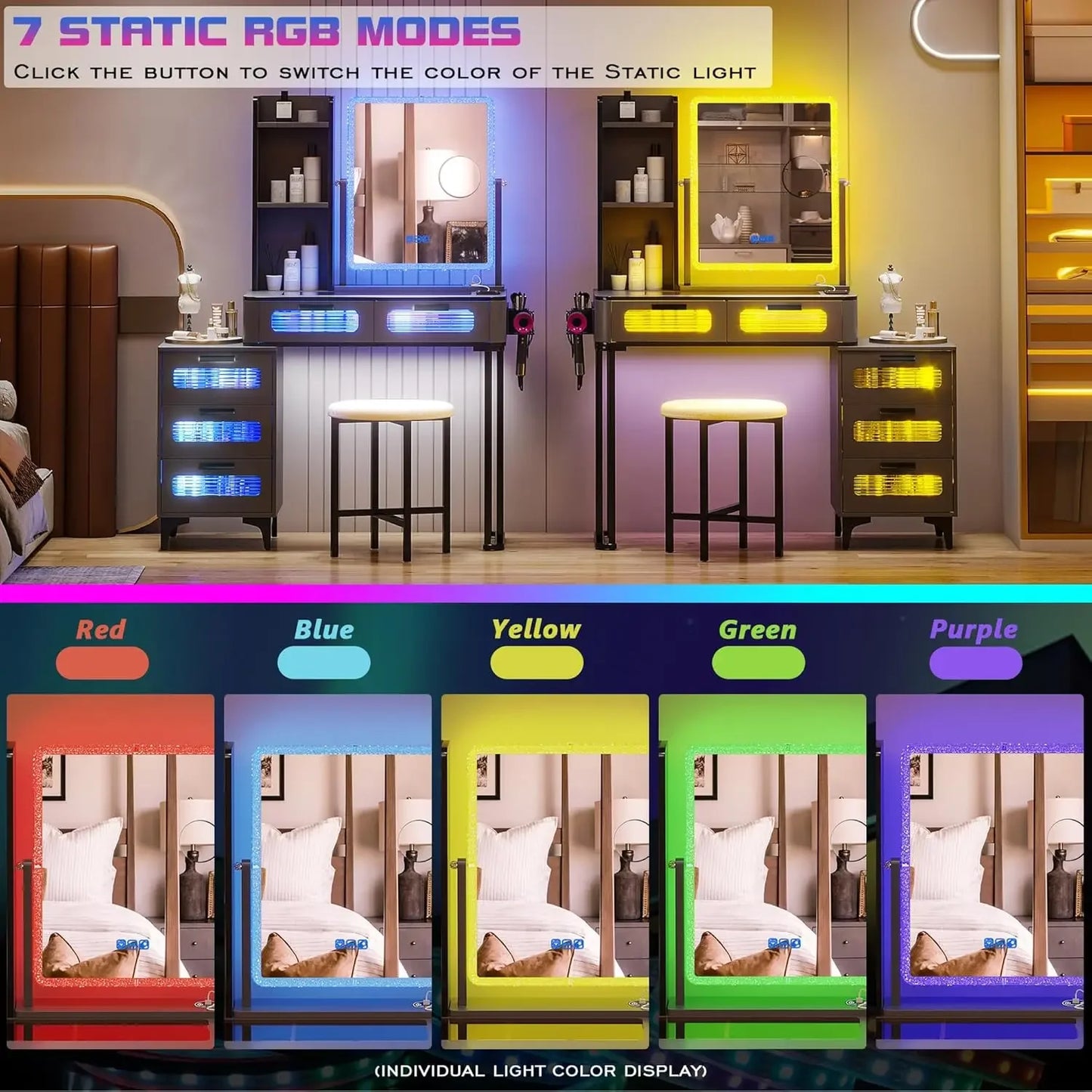 Makeup Vanity Table with Wireless Charging USB Ports 5 Drawers LED Mirror