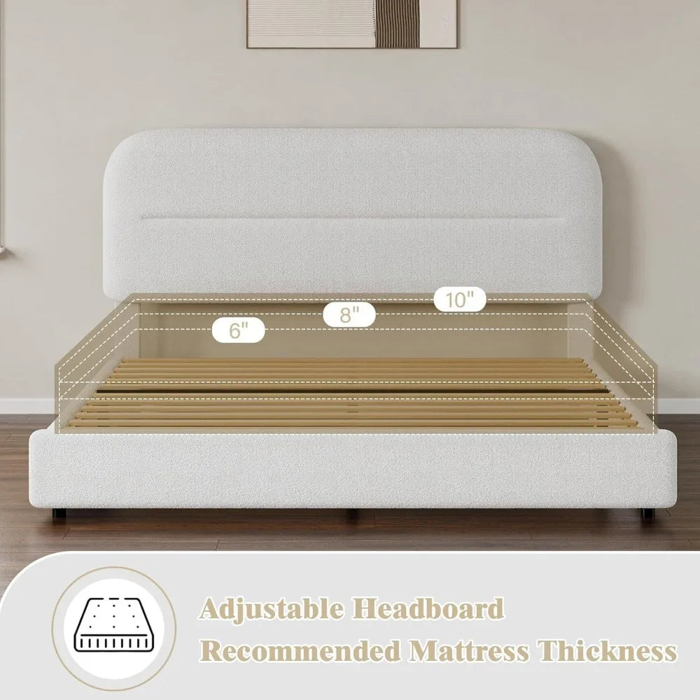 Boucle Upholstered Bed Frame Modern Soft Cloud Bed Frame with Headboard