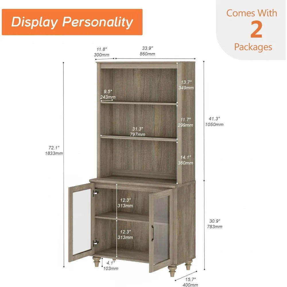 5 Tier Farmhouse Bookshelf Large Display Bookcase with Glass Doors