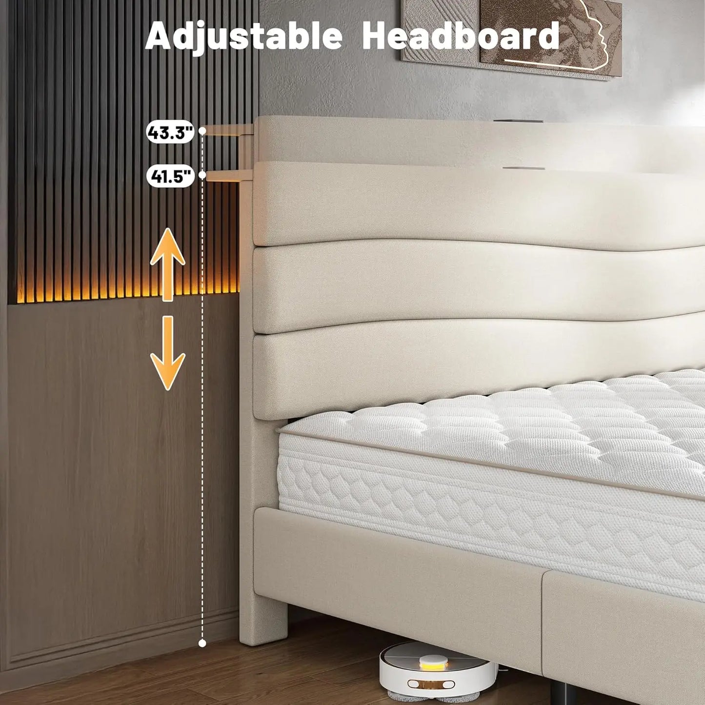 Queen Bed Frame Upholstered Headboard Storage Charging Station Easy Assembly