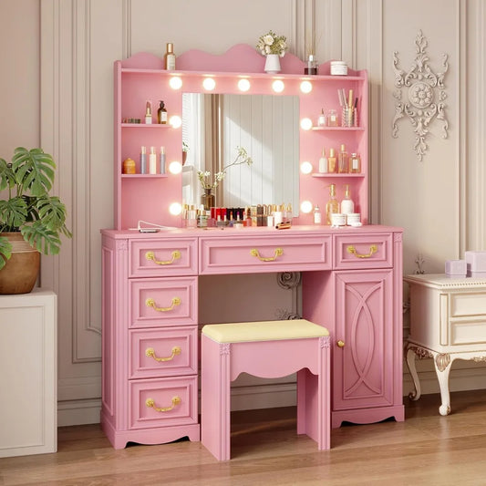 Large Makeup Vanity Desk with Mirror Lights Charging Station and Drawers