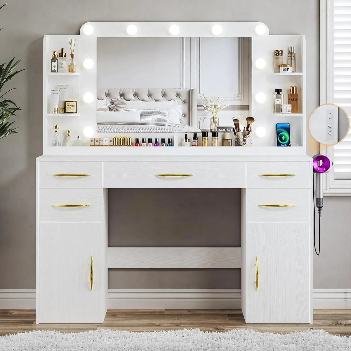 Large Makeup Desk with Lights Mirror Power Outlet 5 Drawers 2 Cabinets