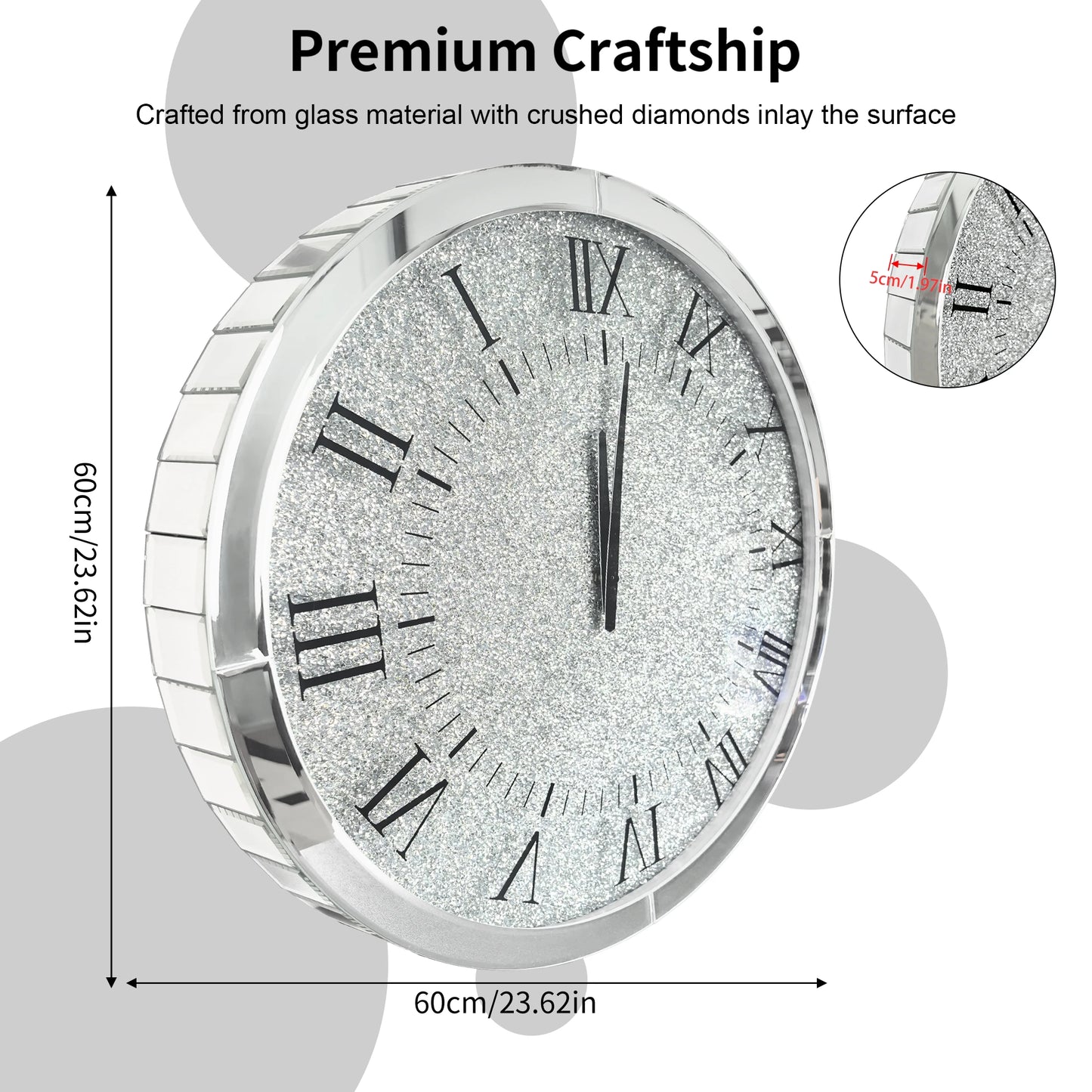 60x60CM Crystal Crush Diamond Round Wall Clock Home Decor Quartz