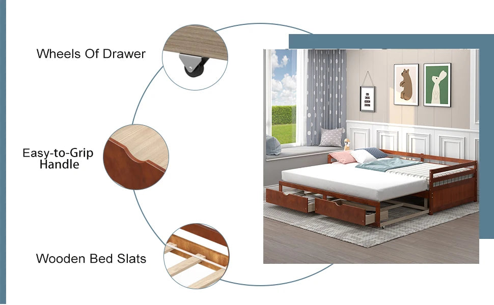 Twin to King Daybed with Trundle and Storage Drawers Modern Sofa Bed