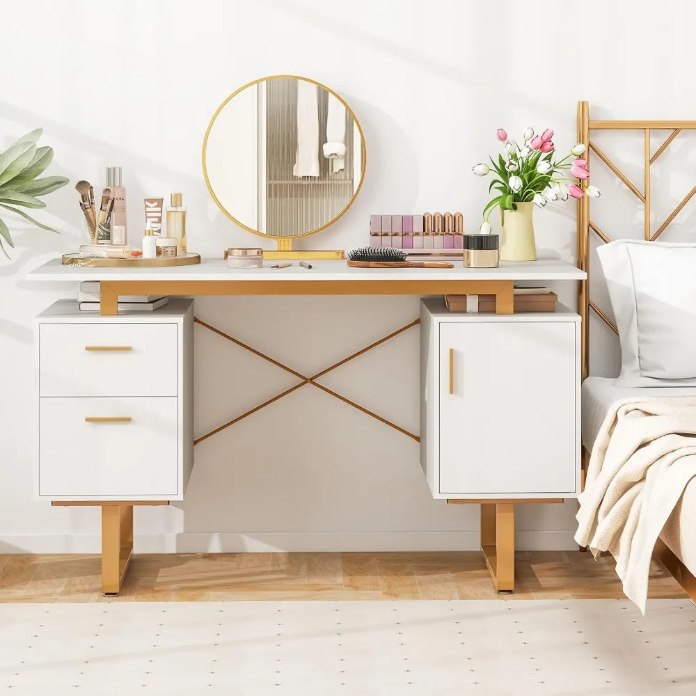 Modern Home Office Desk with Storage Drawers Floating Top Golden Frame