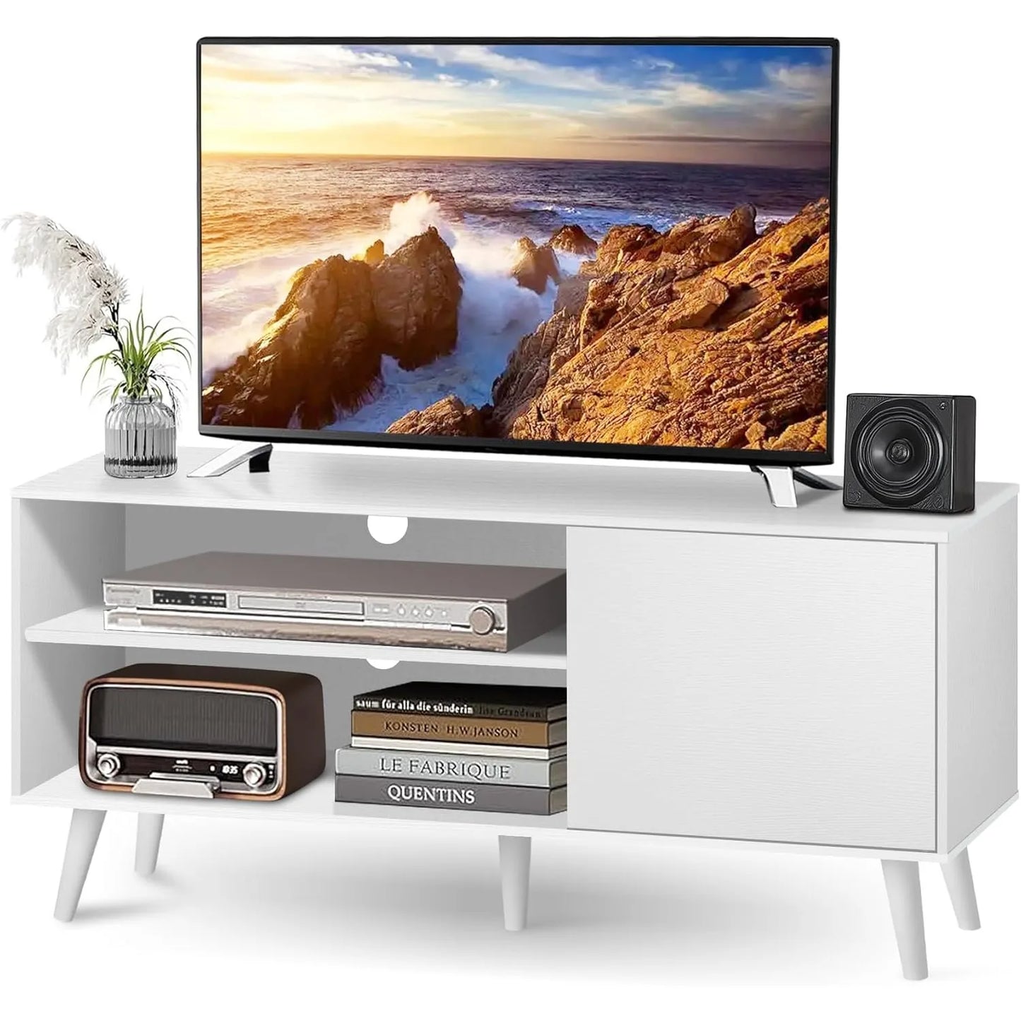 White Wood Modern TV Stand Entertainment Center with Storage Cabinet