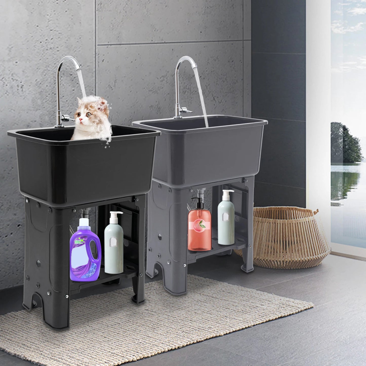 Black Gray Floor-standing Kitchen Sink with Faucet Utility Sink
