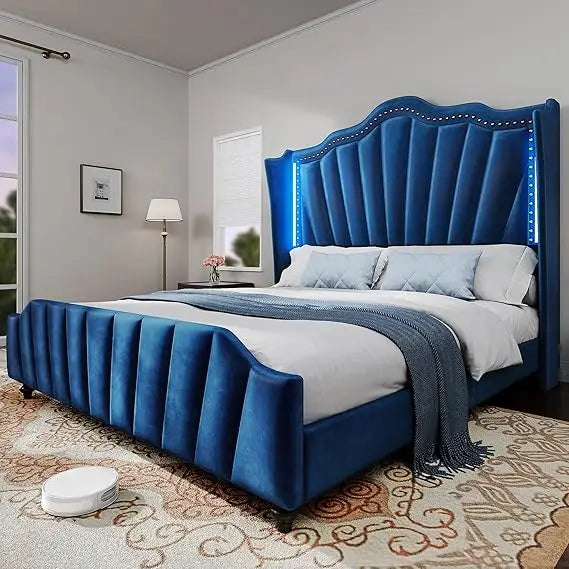 Ljustra Queen Size Platform Bed Frame with Wingback Headboard LED Light