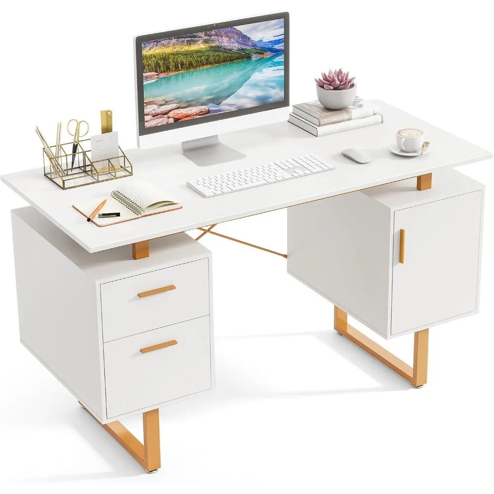Modern Home Office Desk with Storage Drawers Floating Top Golden Frame
