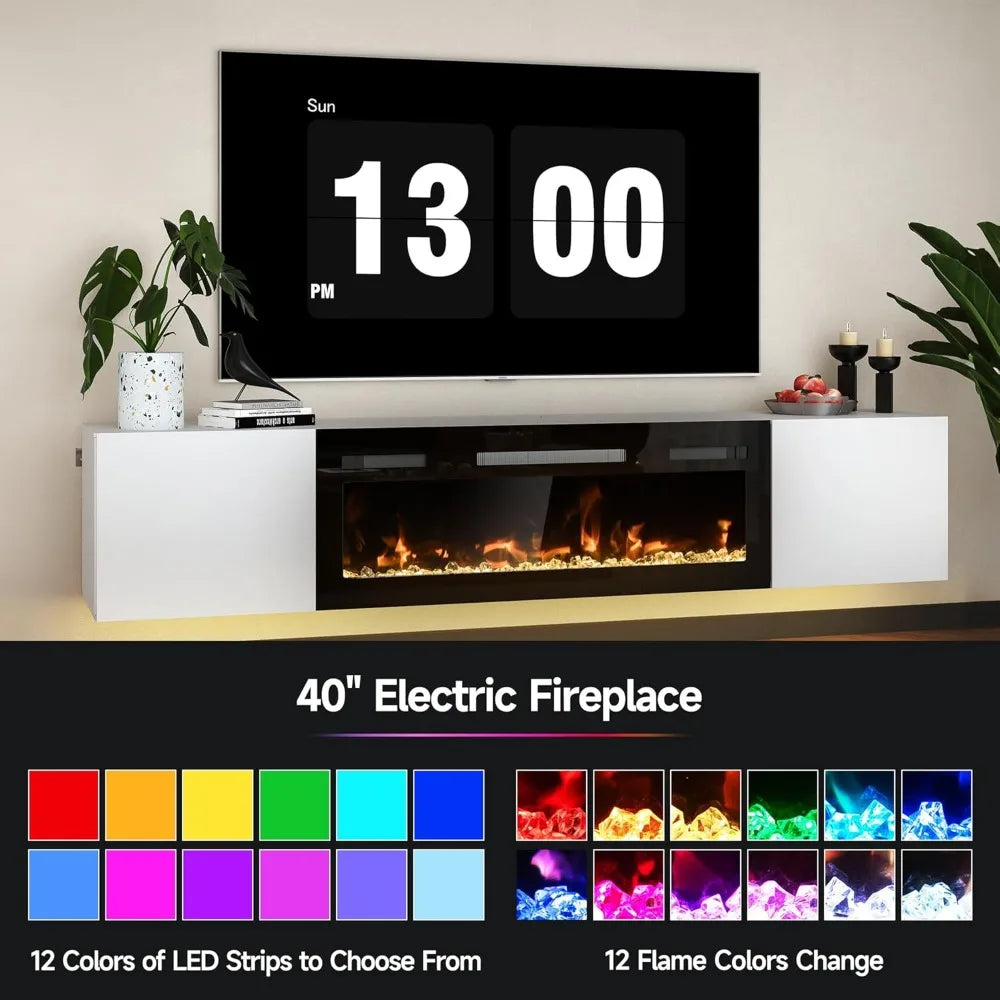 80 Inch Floating TV Stand Electric Fireplace LED Lights Wall Mounted