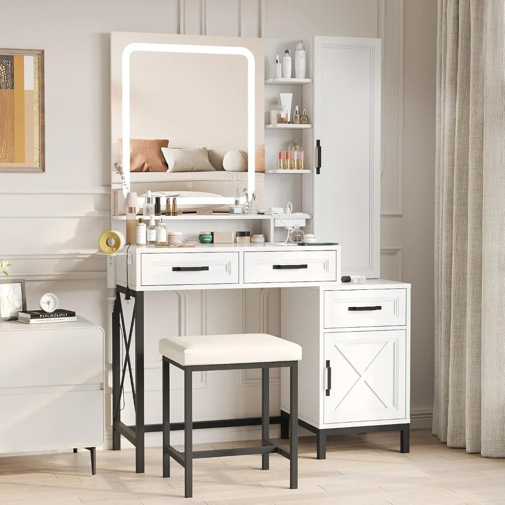 Vanity Desk with LED Mirror Jewelry Storage 3 Drawers Cabinets