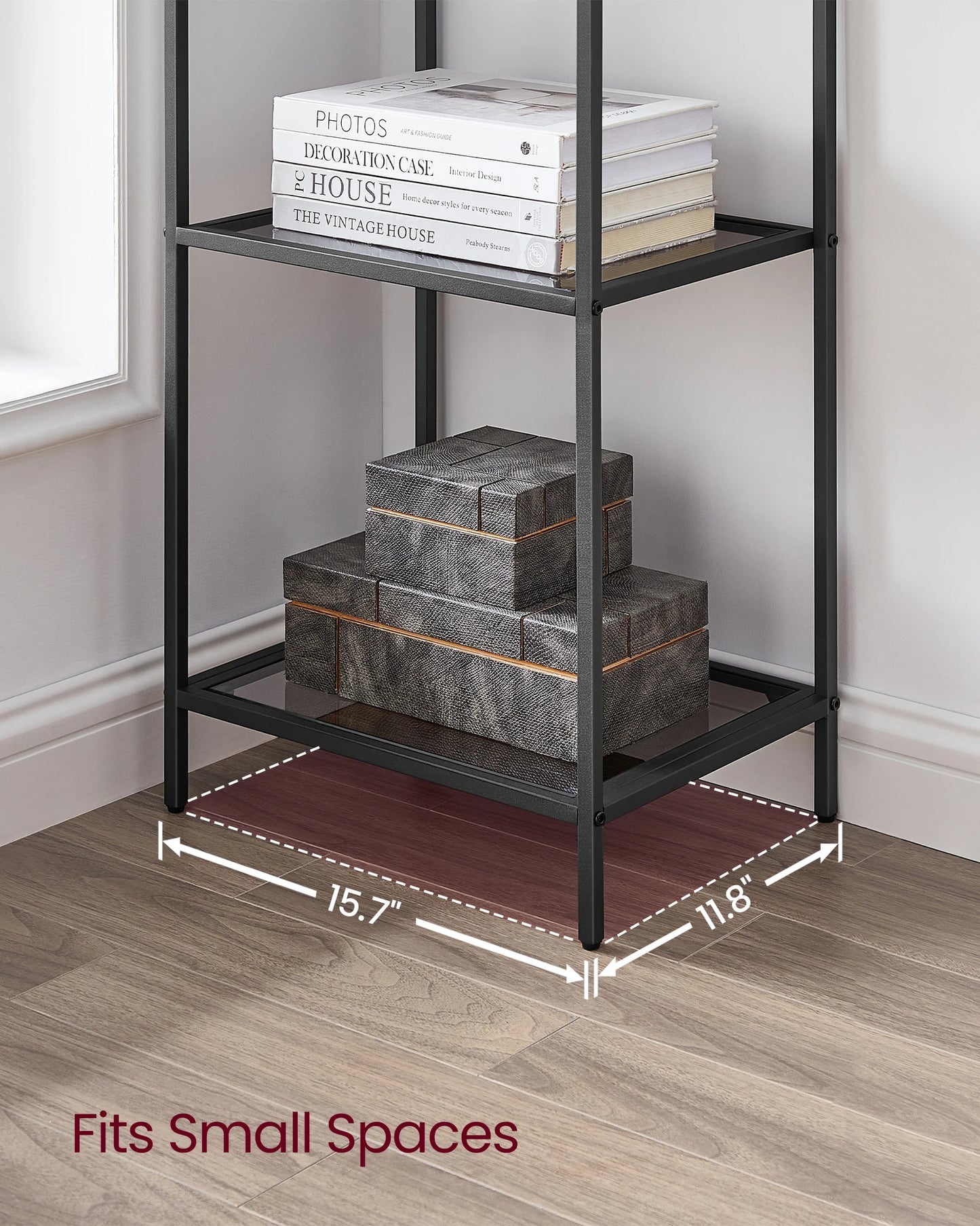 Ljustra 6-Tier Slim Bookshelf Tempered Glass Steel Frame Modern Design