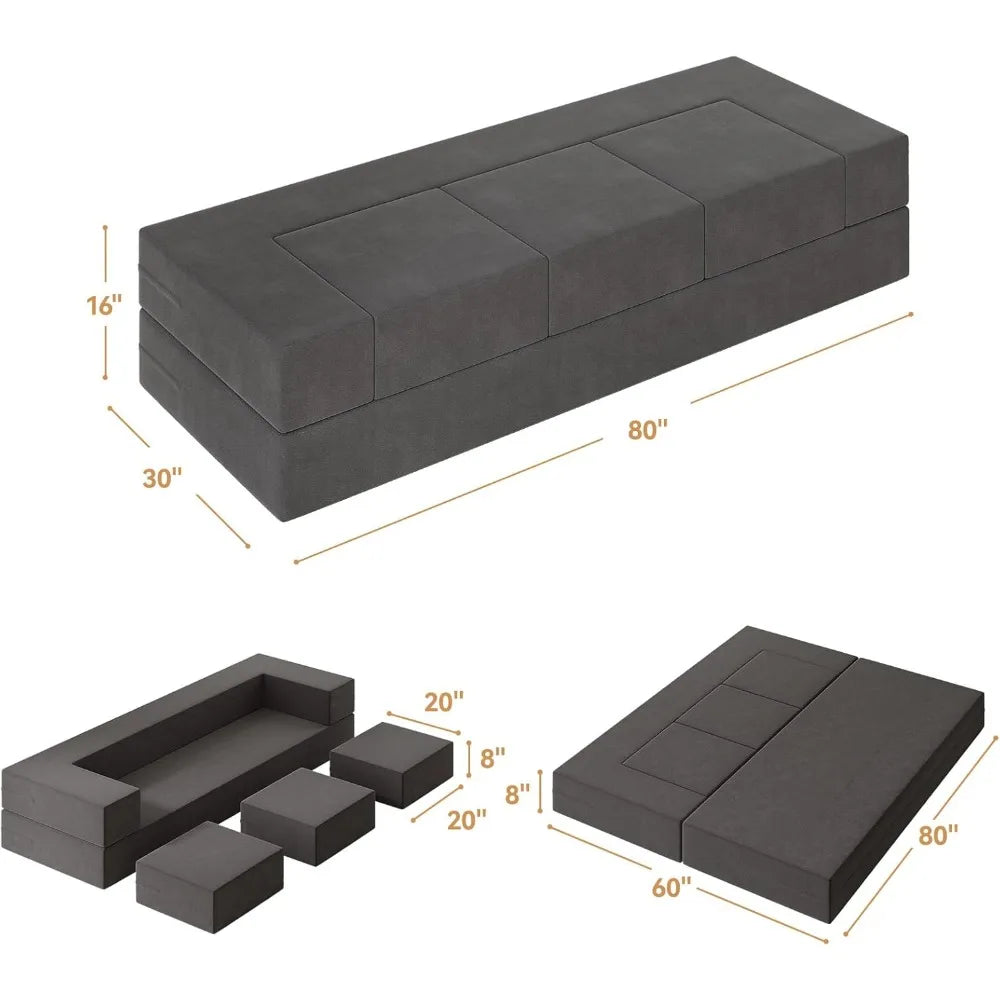 Modular Foam Floor Sofa Bed 80" Convertible Futon w/ 3 Ottomans & Washable Cover