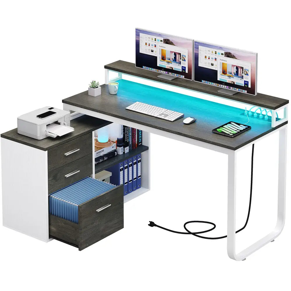 L-Shape Gaming Computer Desk with File Drawers for Home Office