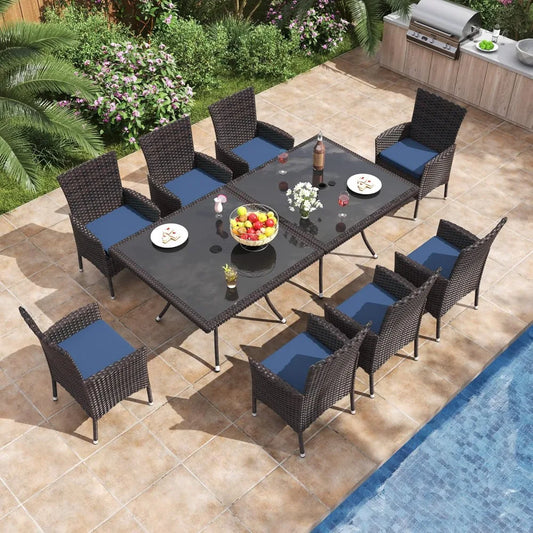10 Piece All-Weather Wicker Patio Dining Set with Cushions and Table
