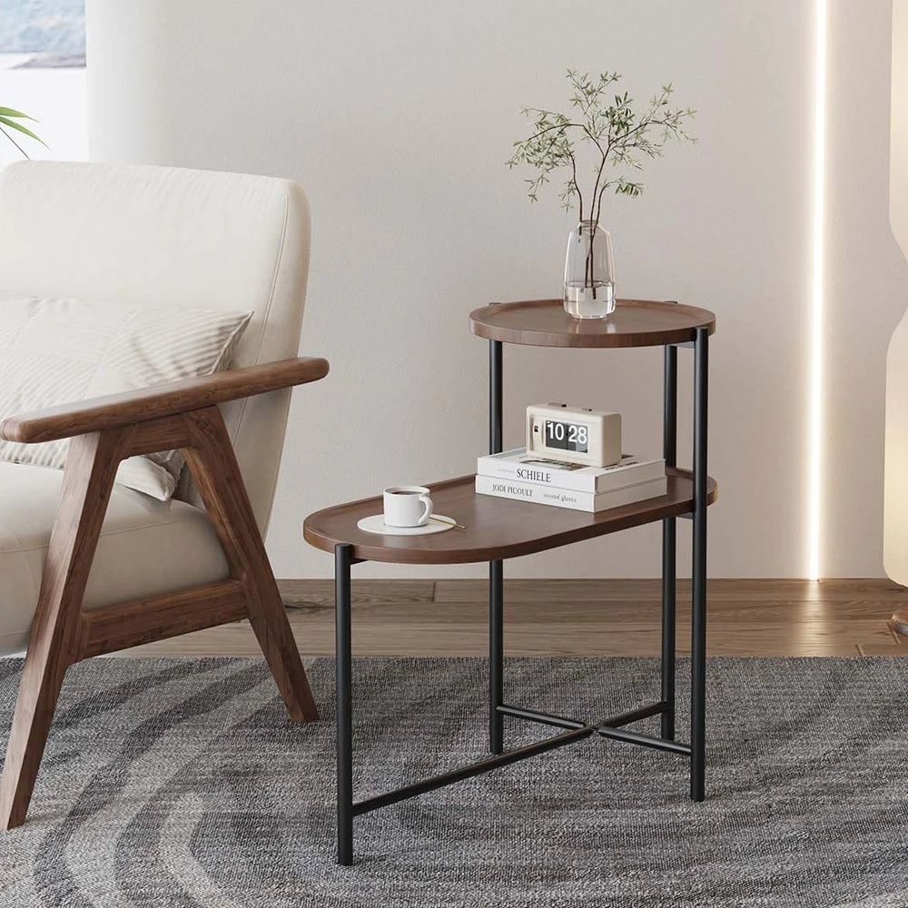 2-Tier End Table Round and Oval Sofa Side Table Overbed Bedside Table for Patio and Living Room Bedroom Medical Food Tray Table