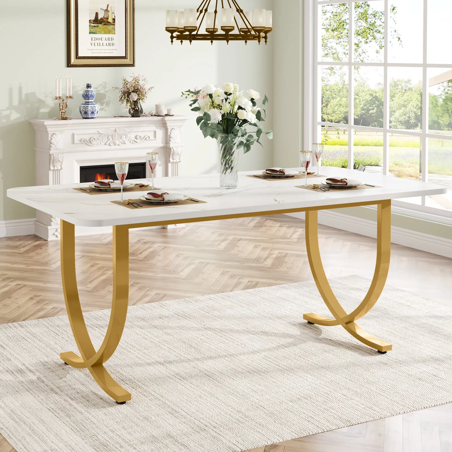 Ljustra 63 Inch Dining Table Rectangular Kitchen Faux Marble Modern Design