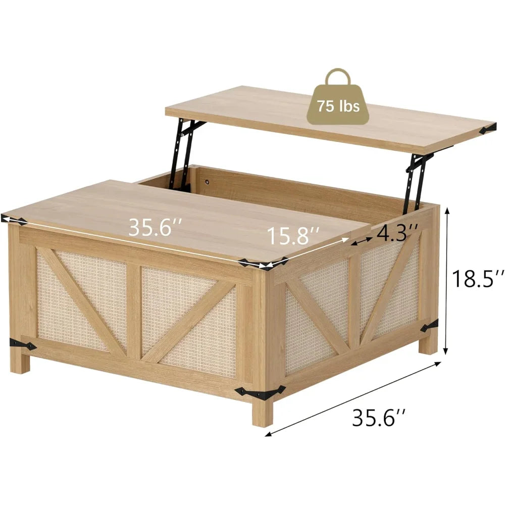 Lift Top Coffee Table Rattan Center Table Large Storage Farmhouse Style