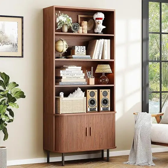 71 Inch Tall 4 Tier Bookshelf with Storage Cabinet Adjustable Shelves