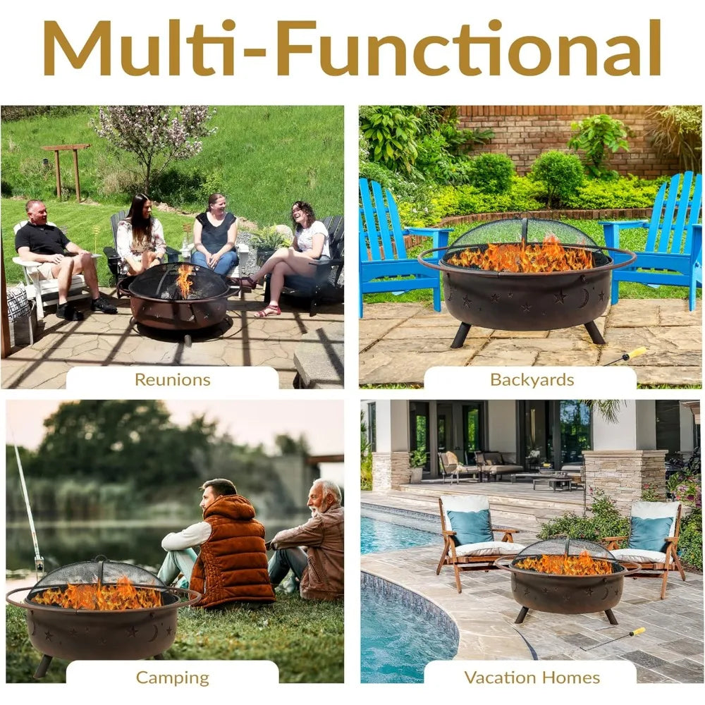 Cosmic Large Outdoor Fire Pit Wood Burning with Spark Screen and Poker