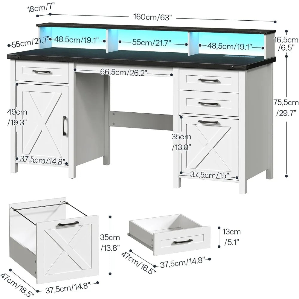 Farmhouse Executive Desk with Drawers LED Light Power Outlet Large
