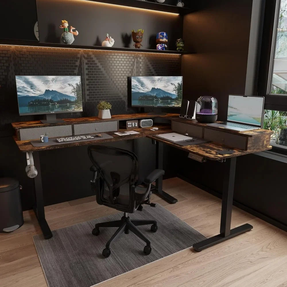 63 Inch L Shaped Electric Standing Desk with 4 Drawers and Shelf