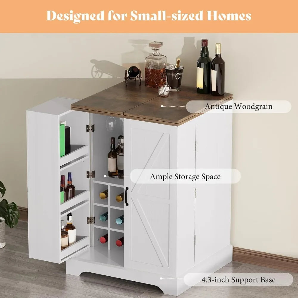 61 Inch Farmhouse Bar Cabinet with Wine Racks and Folding Storage