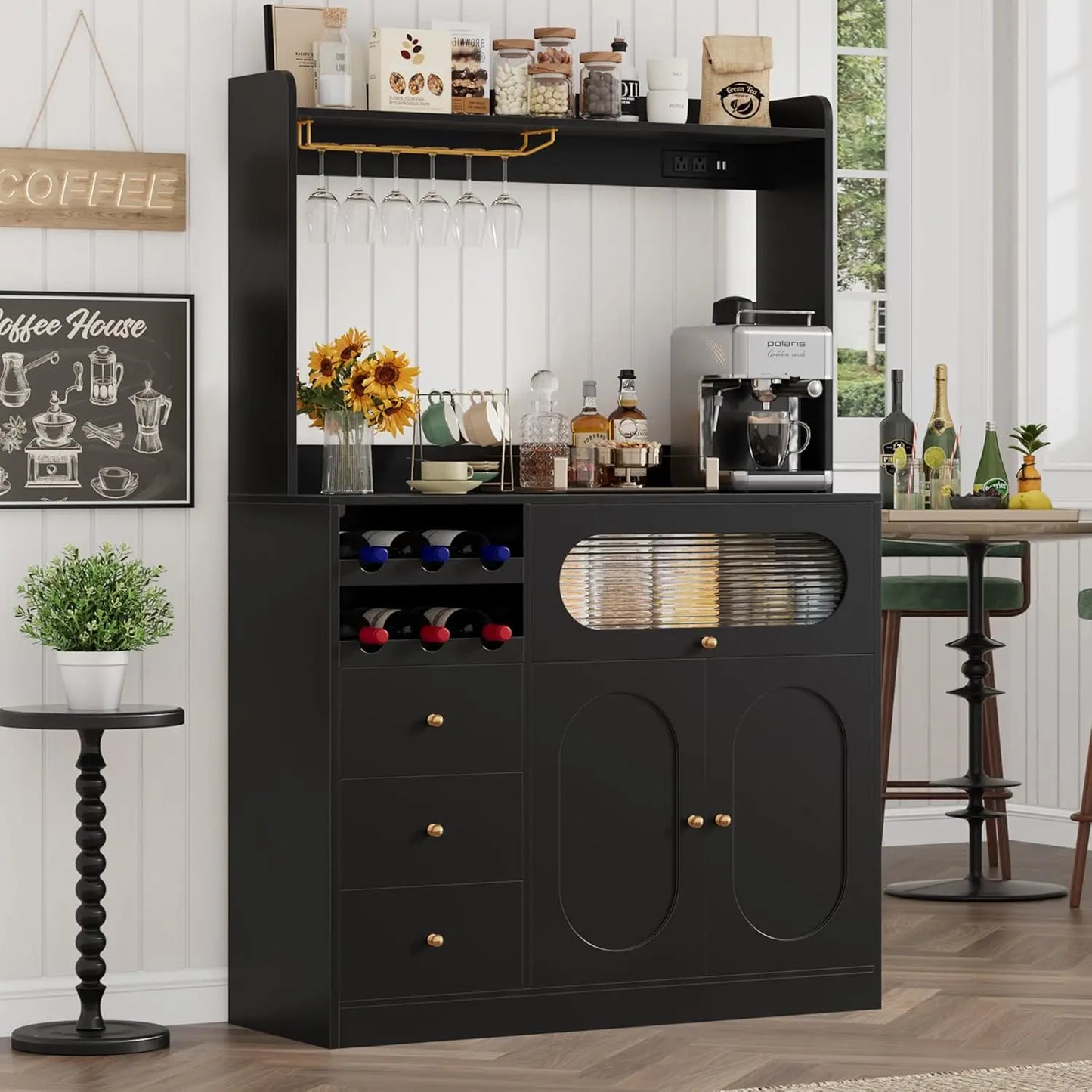 Kitchen Pantry Storage Cabinet Buffet Coffee Bar with Power Outlets