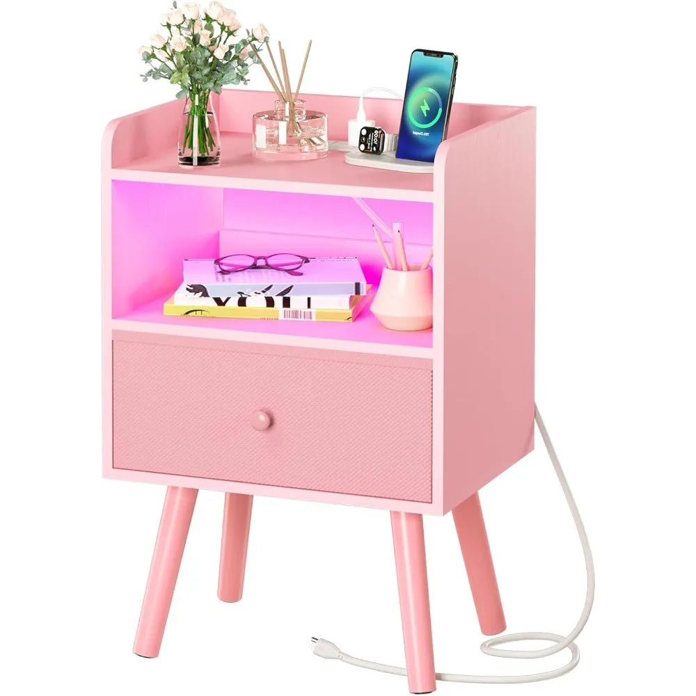 Nightstand with Charging Station LED Lights Modern Bedroom Furniture