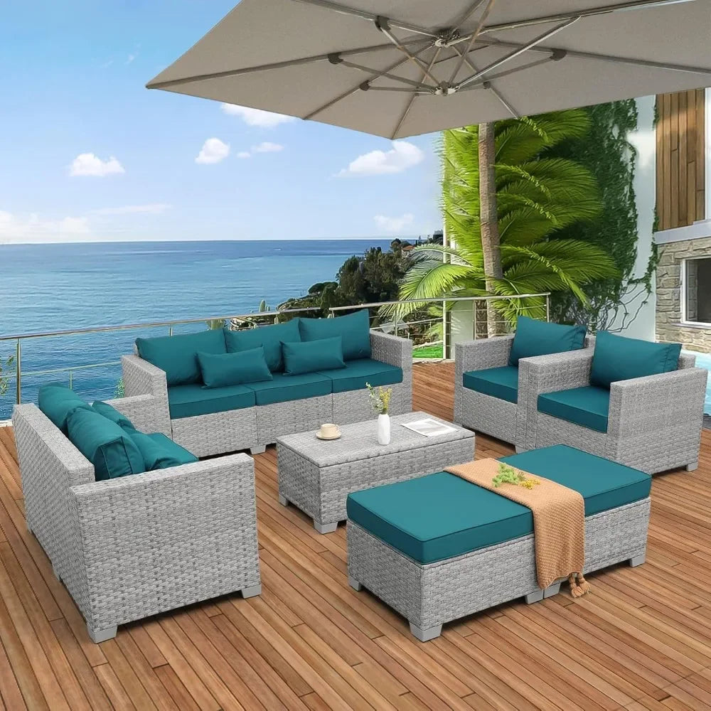 Ljustra 7 Piece Gray Rattan Patio Furniture Set Outdoor Sofa Storage Table