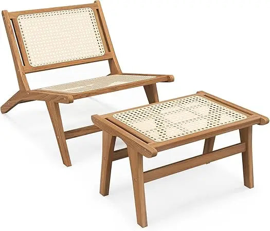 Mid Century Modern Accent Chair Ottoman Handwoven Rattan Teak Wood