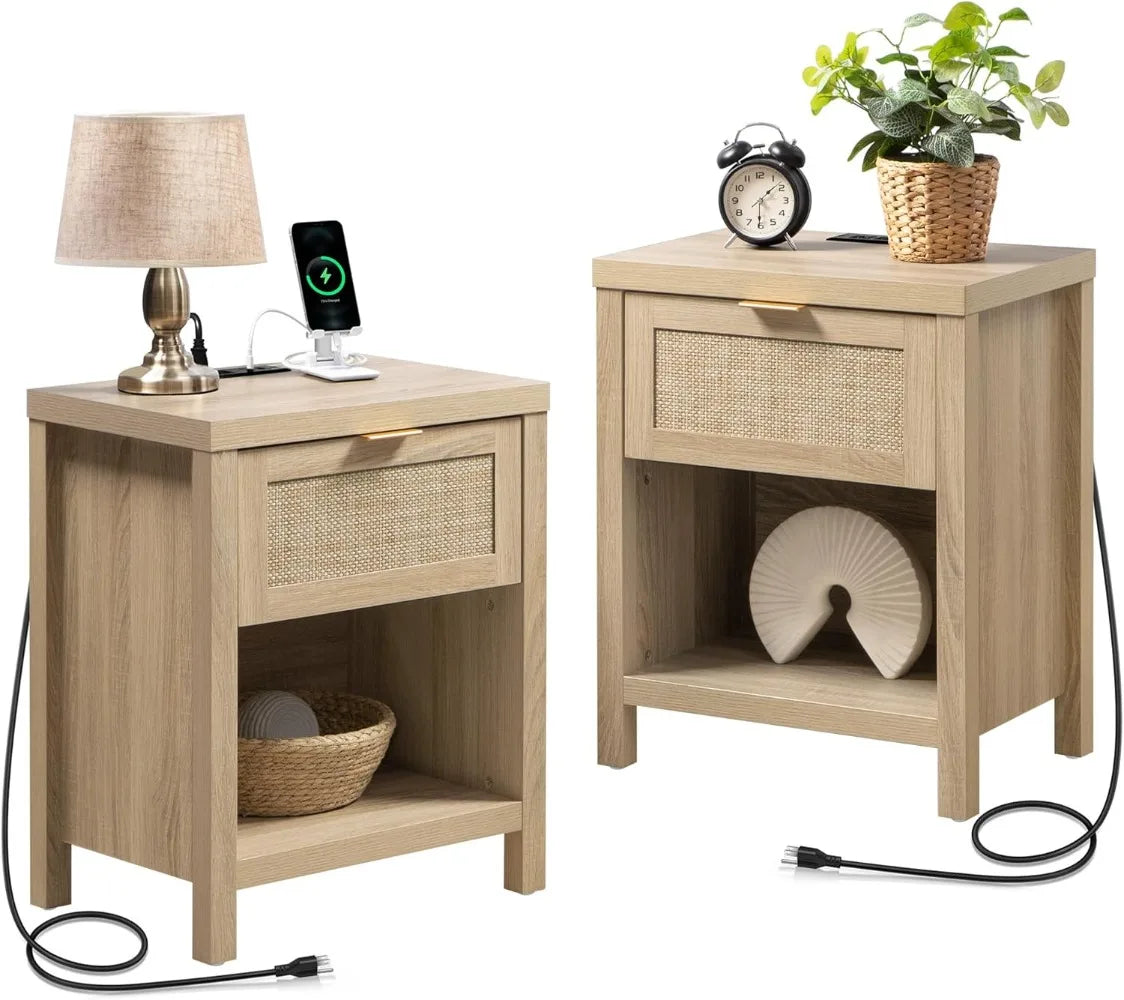 Set of 2 Boho End Side Tables with USB Type-C Ports for Small Spaces